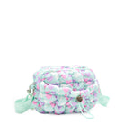 side view of a light aqua heart print nylon quilted mini crossbody bag with drawstring closure and a heart strap