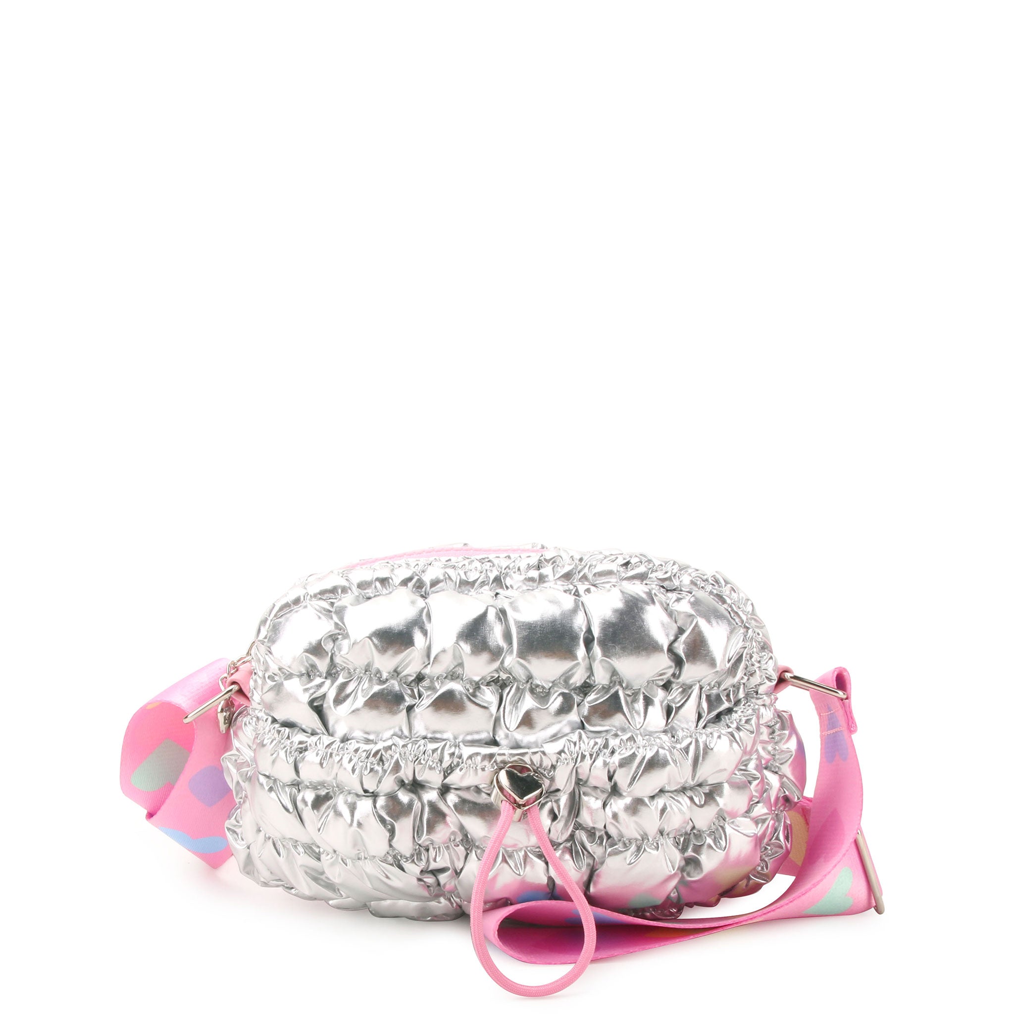 front view of a silver metallic quilted bag with a pink crossbody strap and a drawstring closure front pocket 