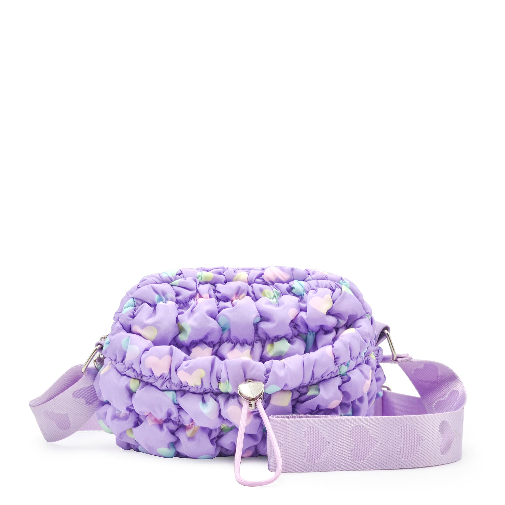 front view of a lavender heart print nylon quilted mini crossbody bag with drawstring closure and a heart strap