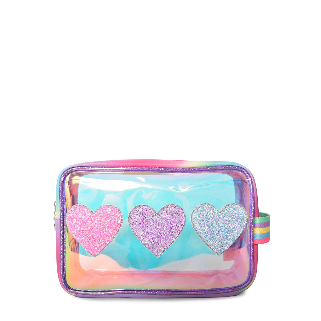 Front view of clear glazed pouch with glitter heart patches