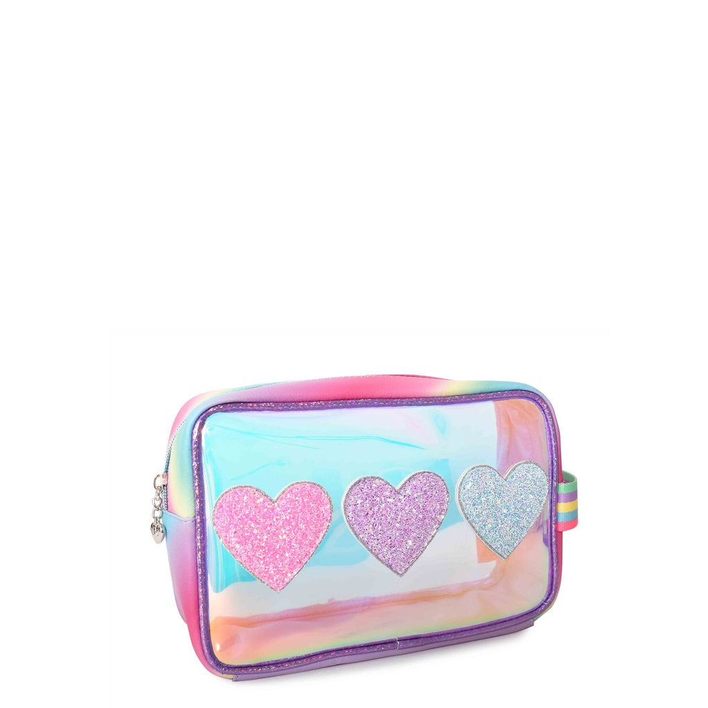 Side view of clear glazed pouch with glitter heart patches