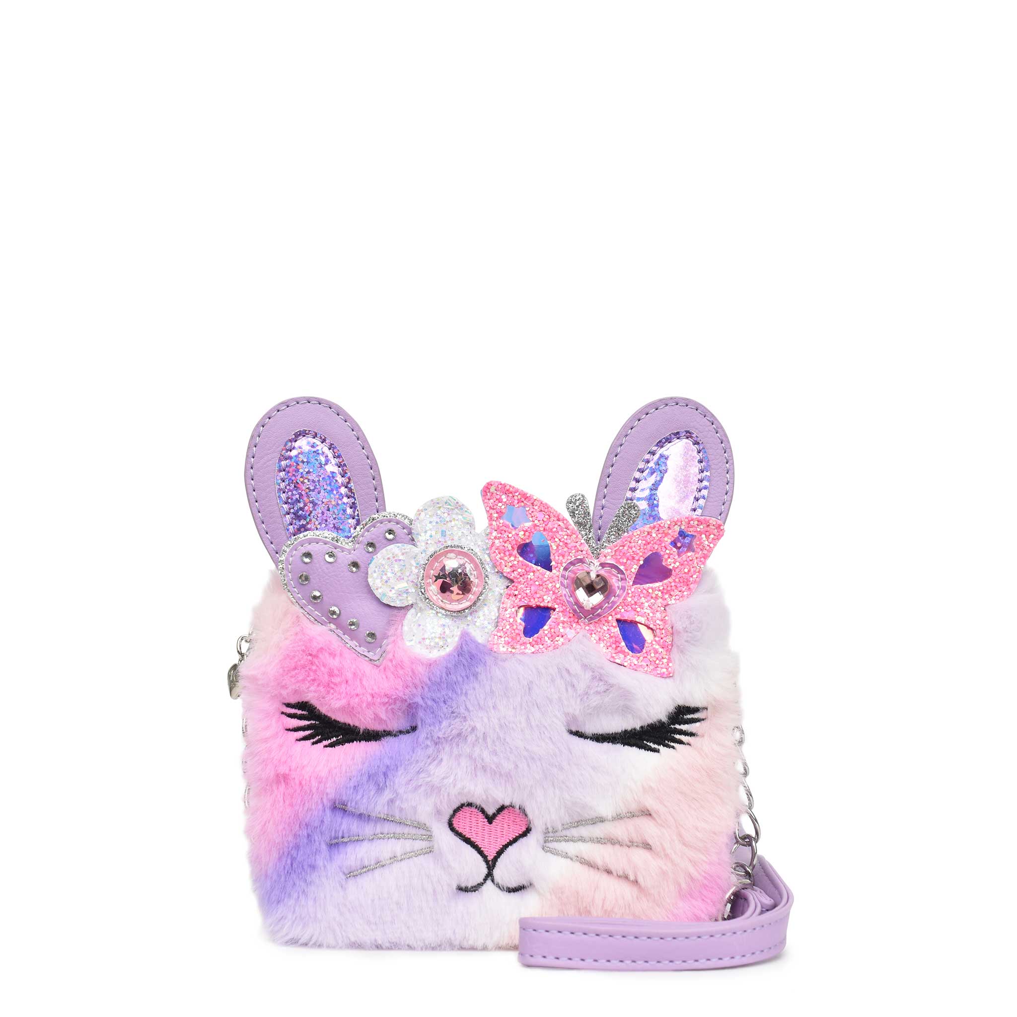 front view of a plush ombre bunny face crossbody bag with glitter butterfly appliqués 