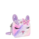 side view of a plush ombre bunny face crossbody bag with glitter butterfly appliqués 
