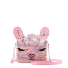 Front view of a bunny face sequin crossbody bag with glitter butterfly crown appliqué 