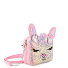 side view of a bunny face sequin crossbody bag with glitter butterfly crown appliqué 