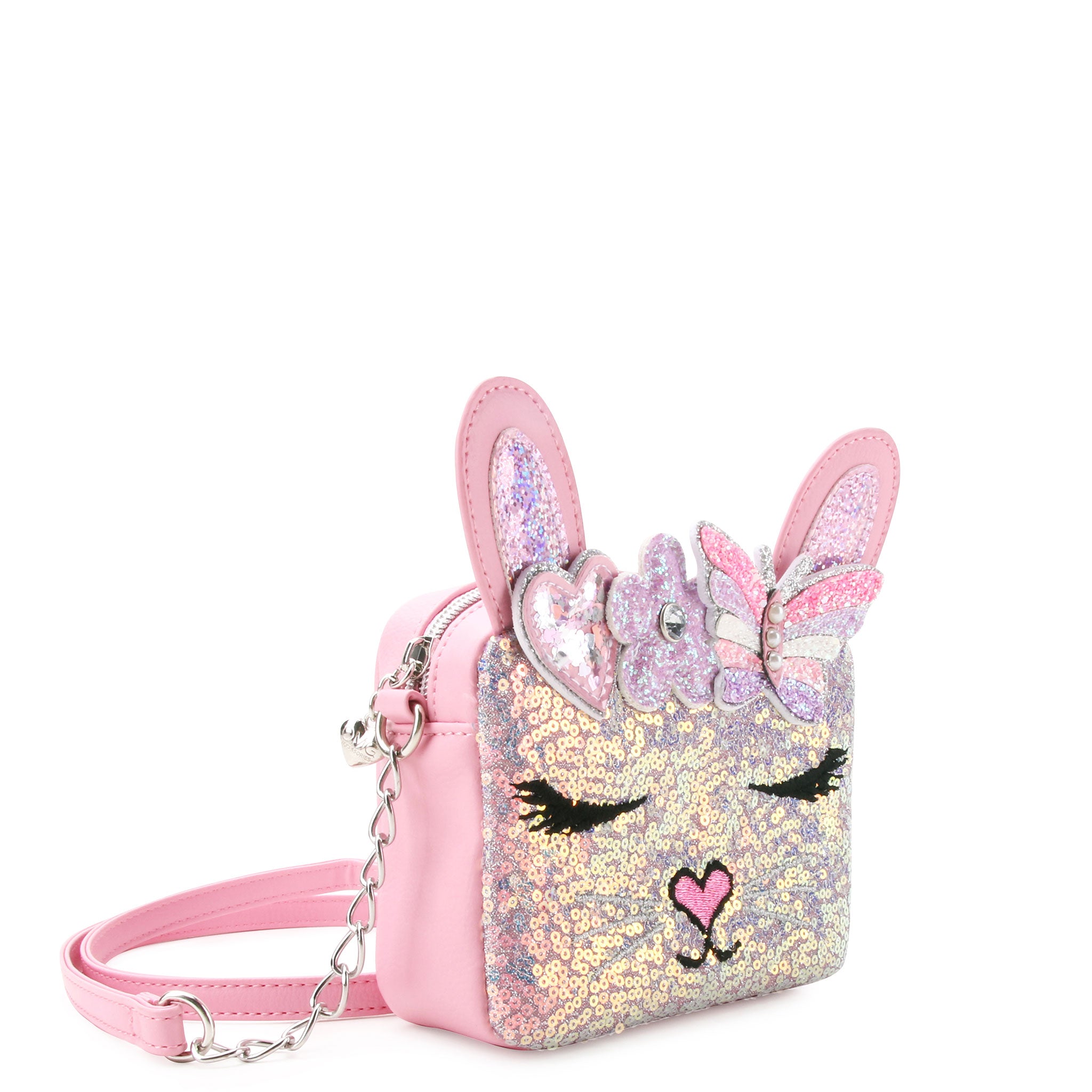 side view of a bunny face sequin crossbody bag with glitter butterfly crown appliqué 