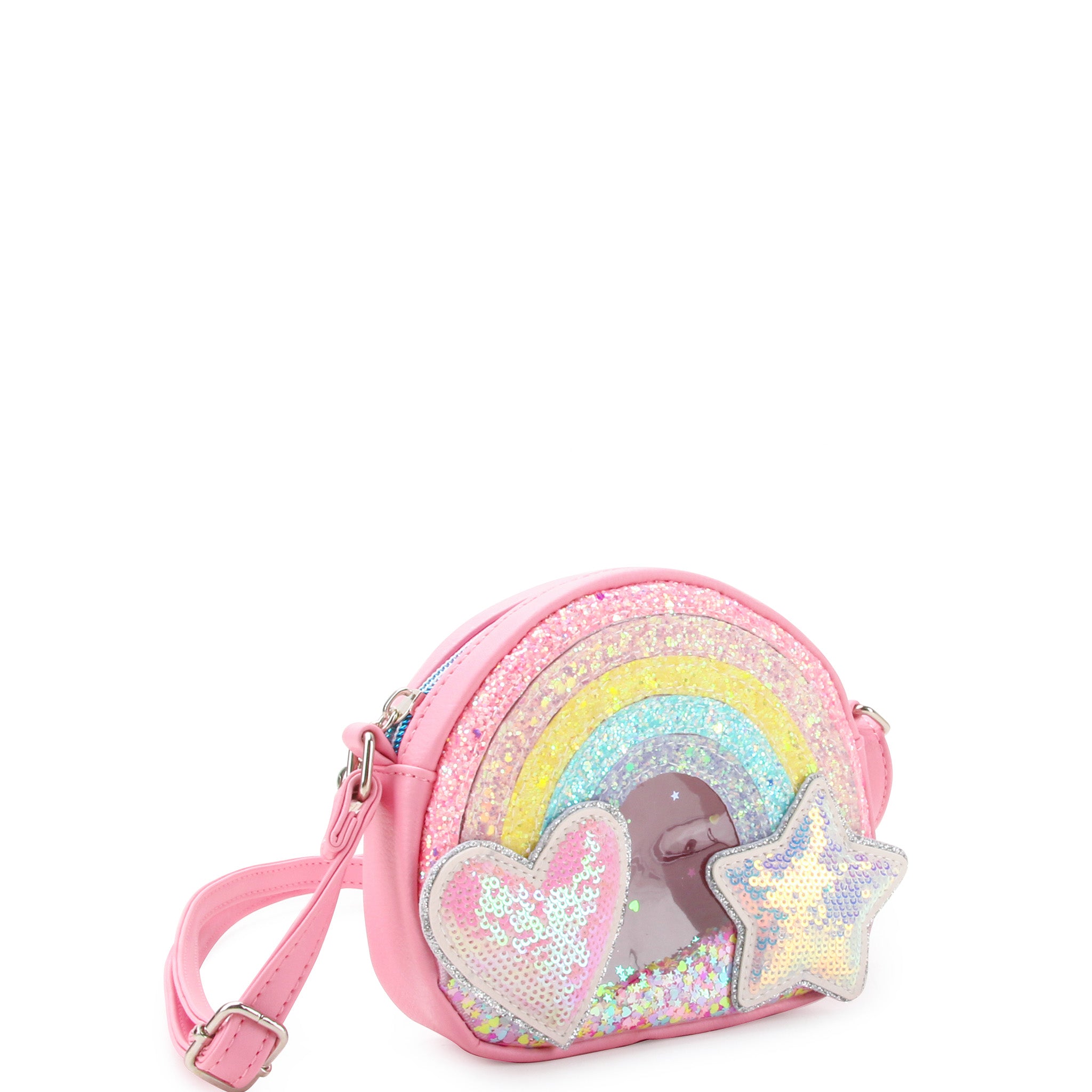 side view of a confetti filled crossbody bag with a glitter rainbow applique with sequin heart and star patches