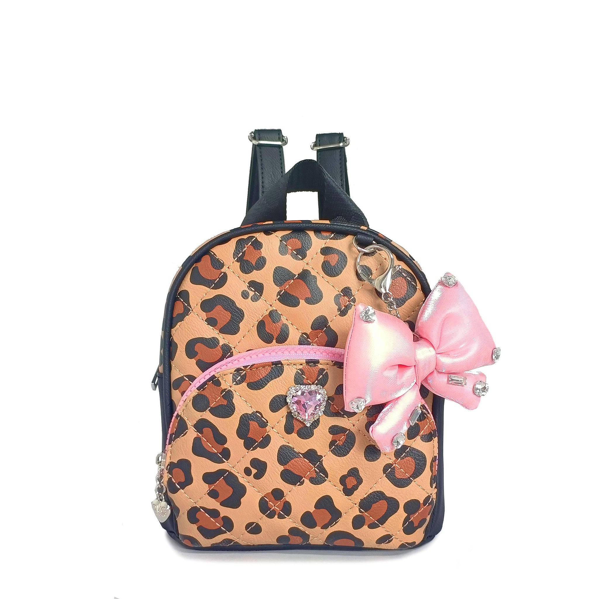 Leopard print mini backpack with a pink bow and decorative elements on a white background