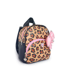 Leopard print backpack with pink accents on a white background