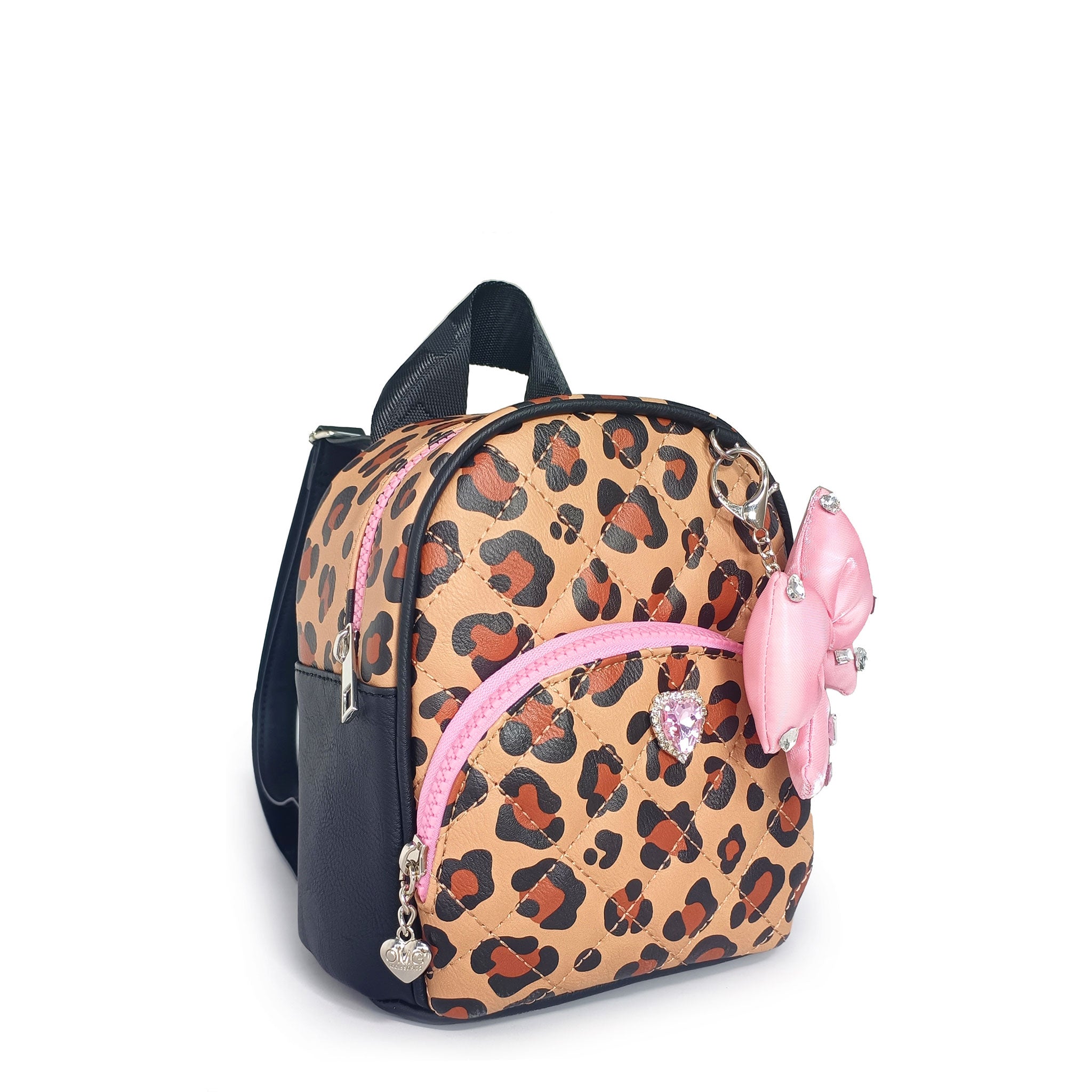 Leopard print backpack with pink accents on a white background