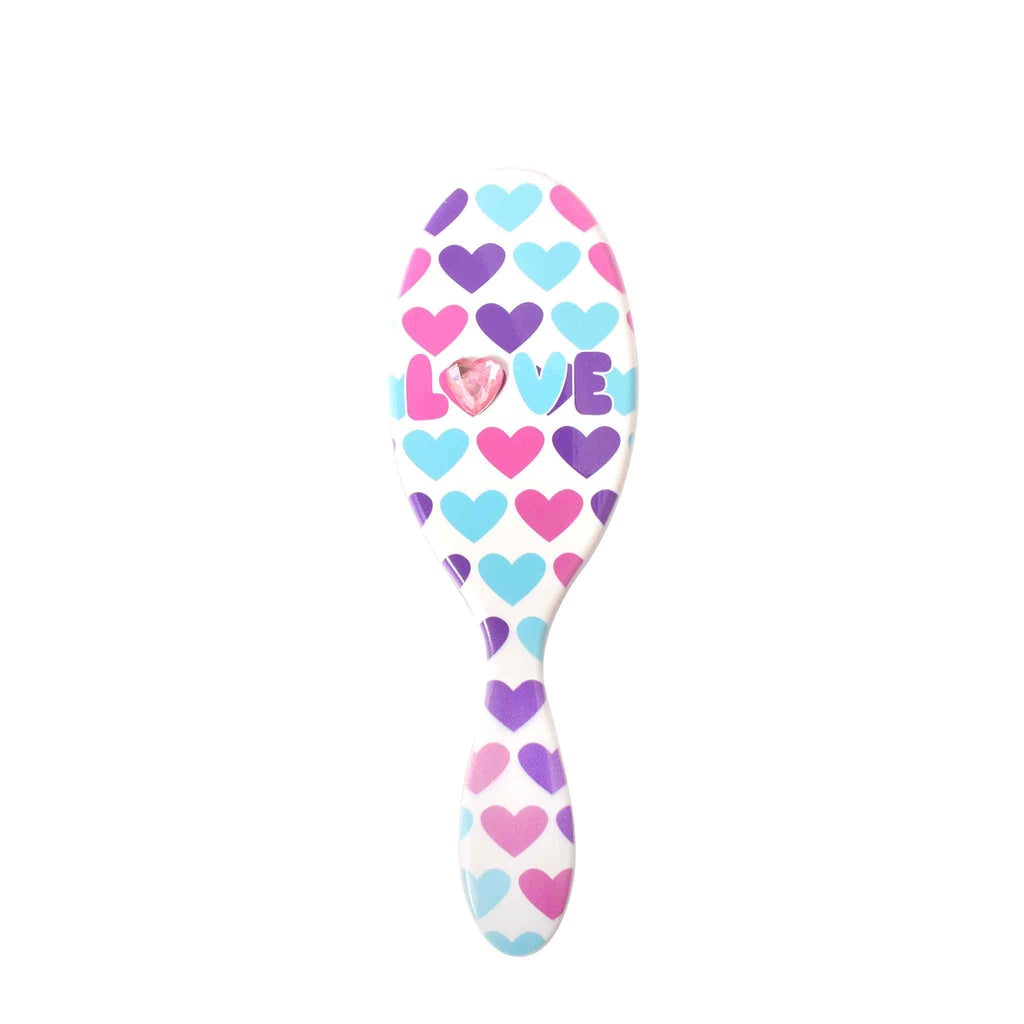 Front view of 'Love' heart-printed round hairbrush