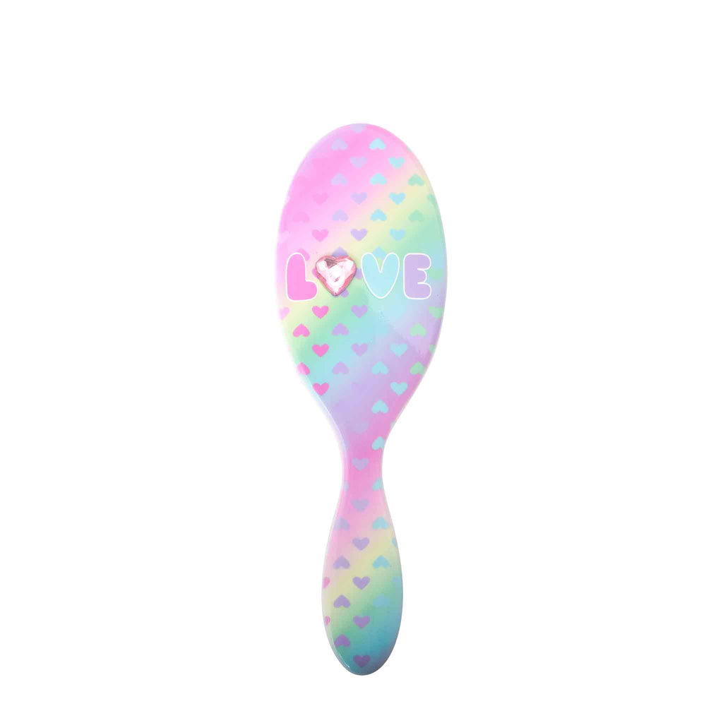 Front view of 'Love' ombre heart-printed round hairbrush
