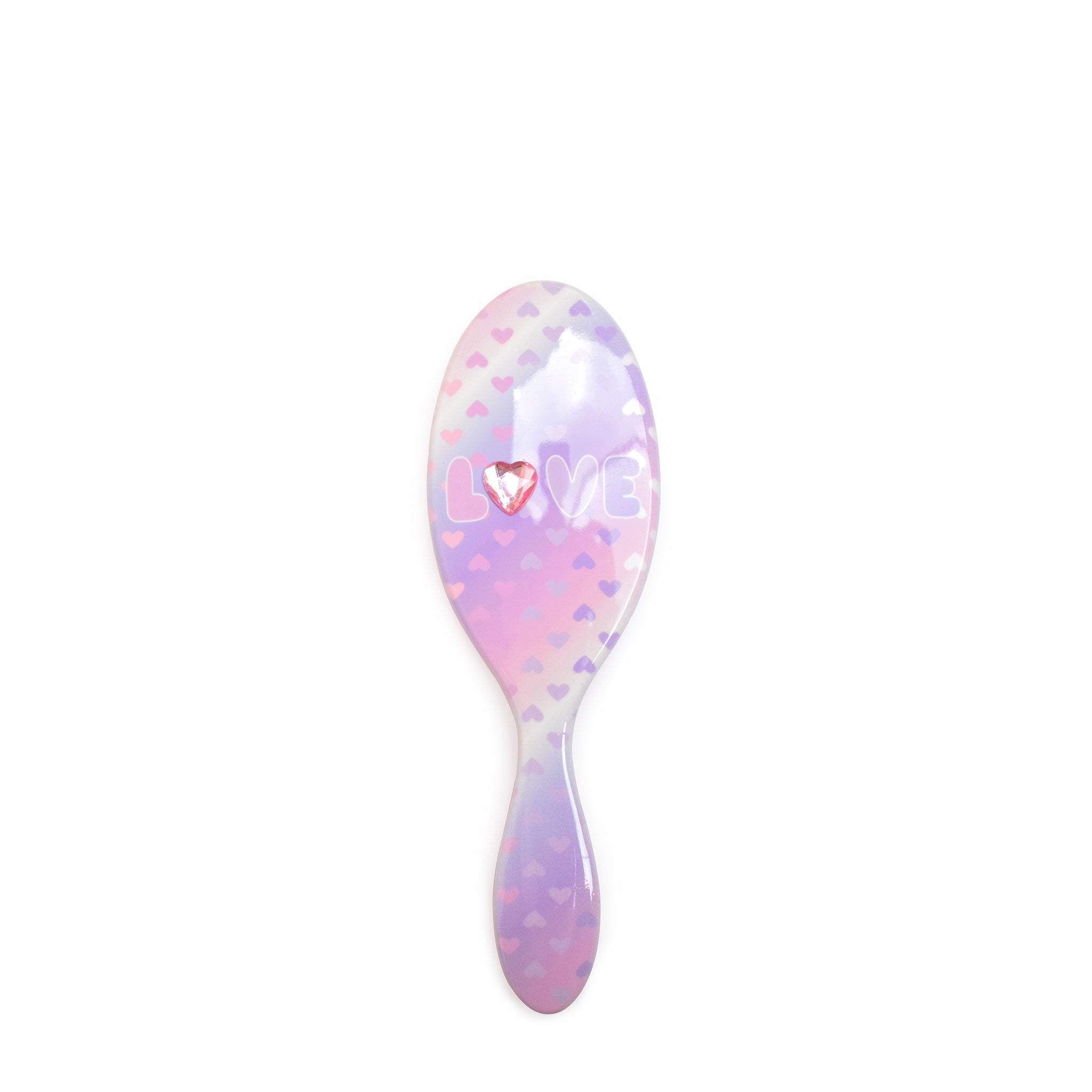 Front view of a heart-printed hairbrush with bubble letters 'Love' 