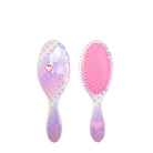 Front and back view of a heart-printed hairbrush with bubble letters 'Love' 