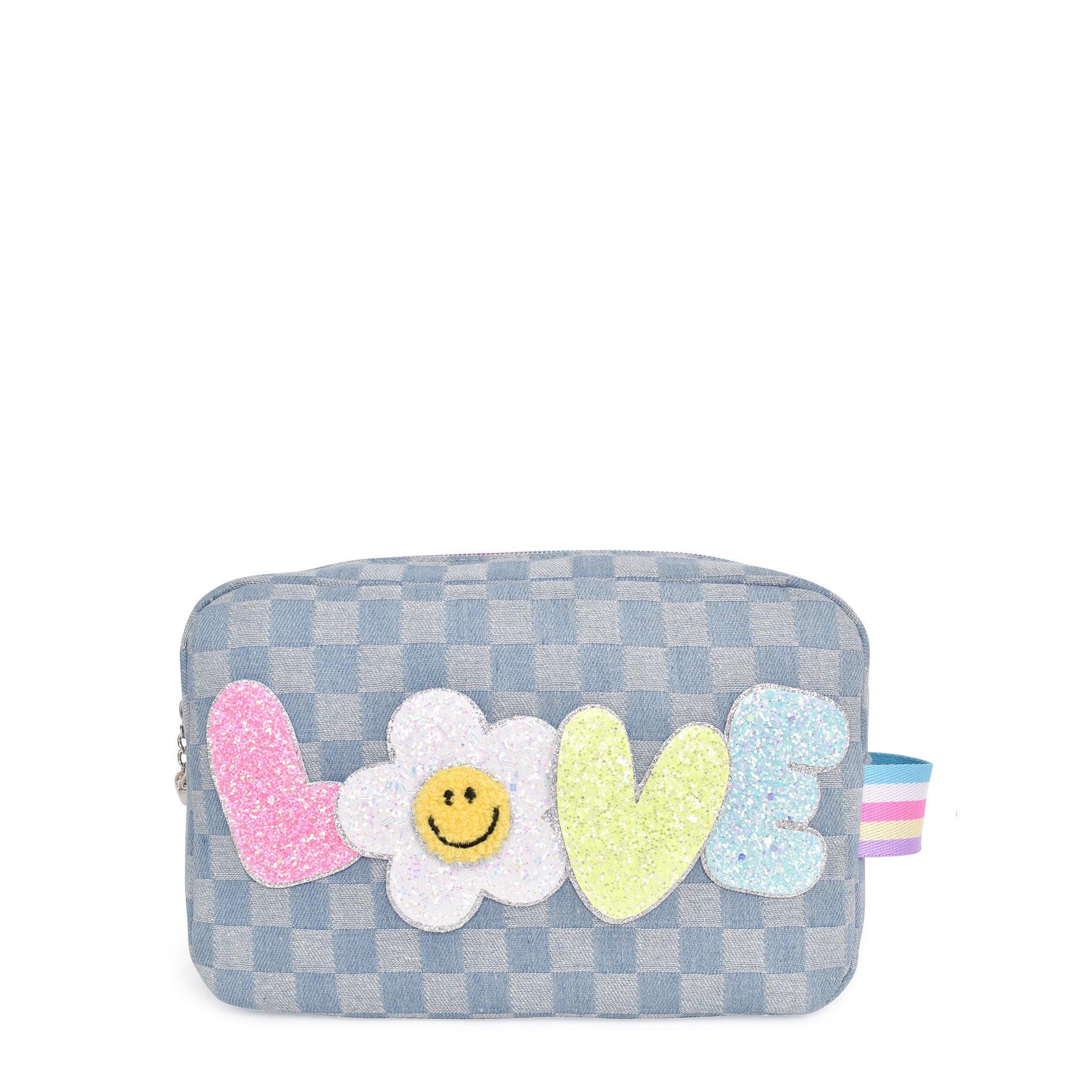 Front view of a denim checkered pouch with glitter bubble letters 'LOVE' and smiley face daisy patch