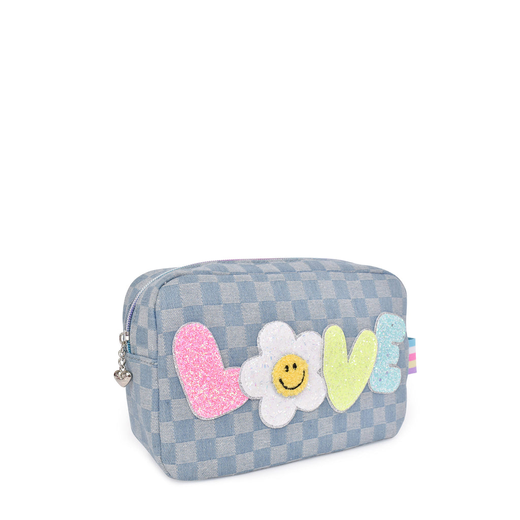 Side view of a denim checkered pouch with glitter bubble letters 'LOVE' and smiley face daisy patch