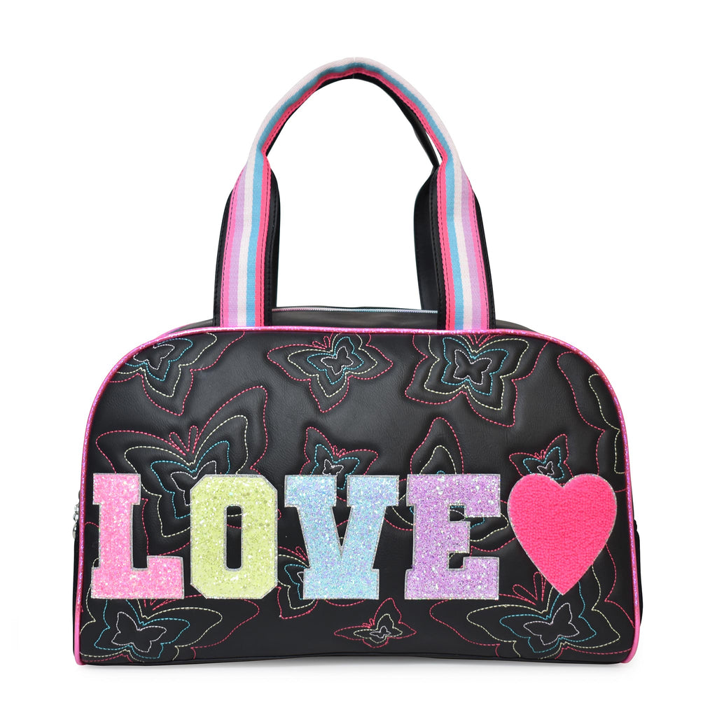 Front view of black duffle covered in butterfly embroidery and  embellished with glitter varsity letter 'LOVE' and chinellie heart appliqués 