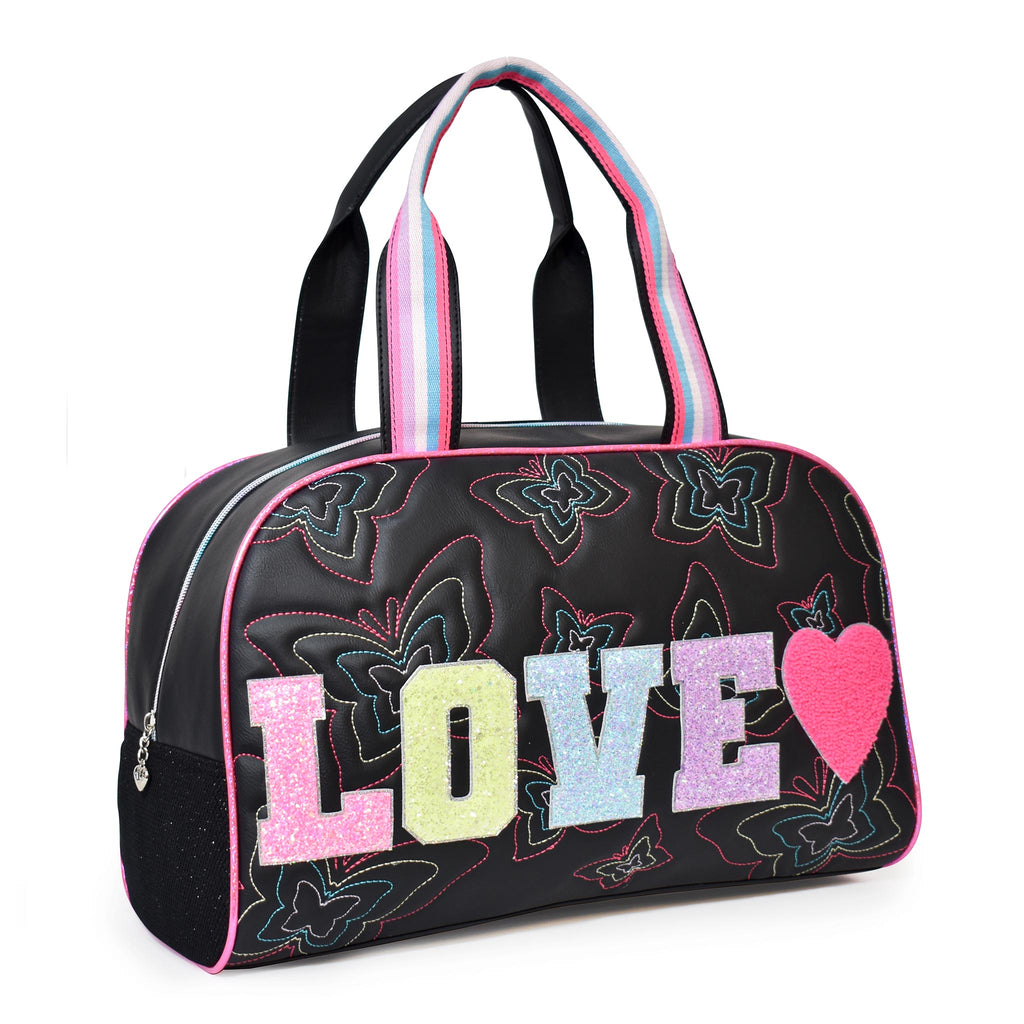Side view of black duffle covered in butterfly embroidery and embellished with glitter varsity letter 'LOVE' and chinellie heart appliqués