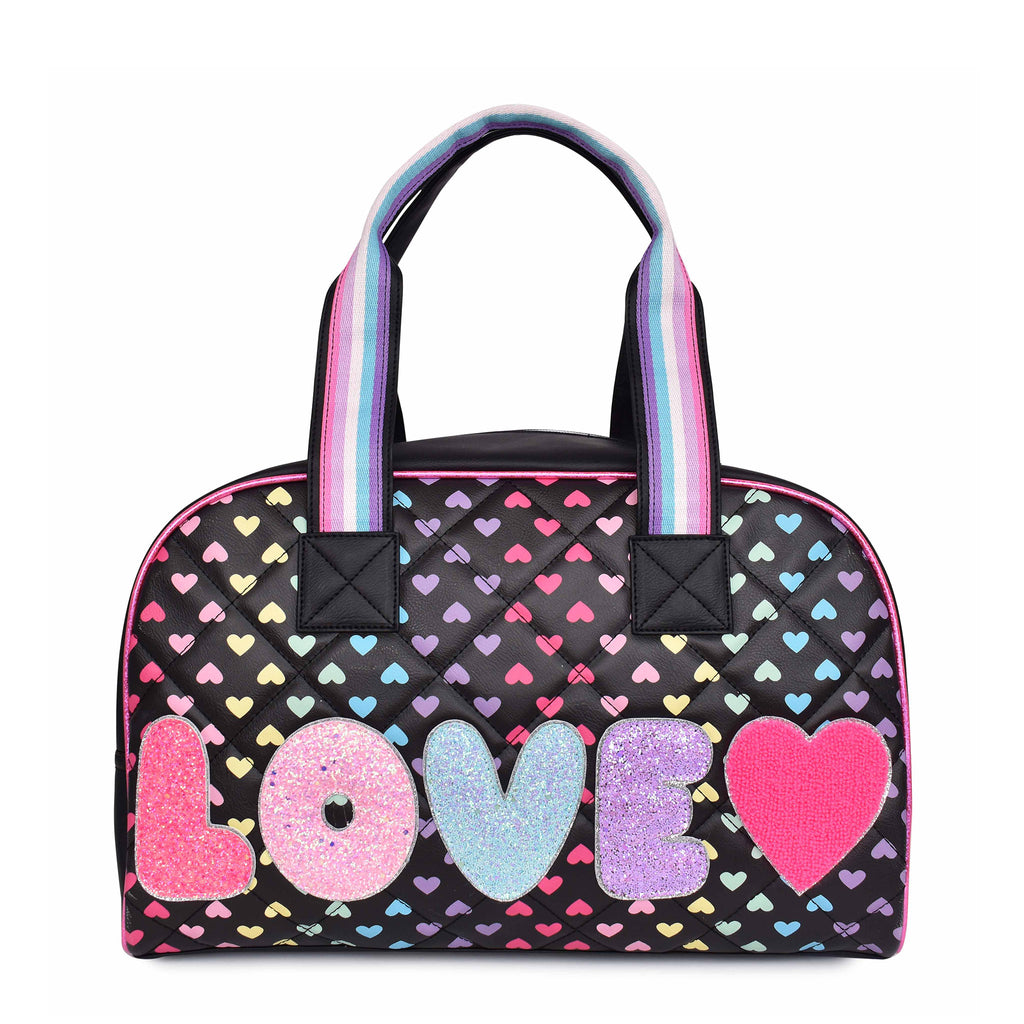 'Love' Quilted Heart-Printed Medium Duffle Bag