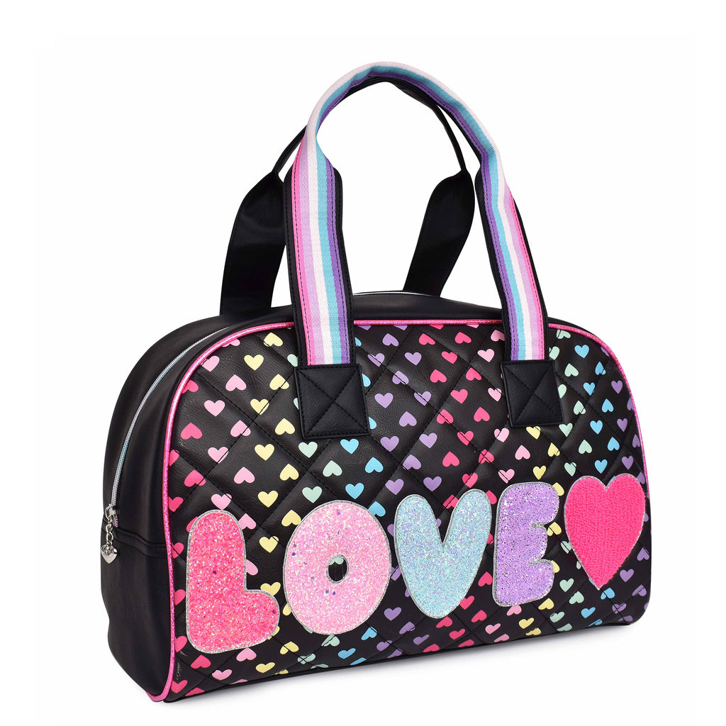 'Love' Quilted Heart-Printed Medium Duffle Bag