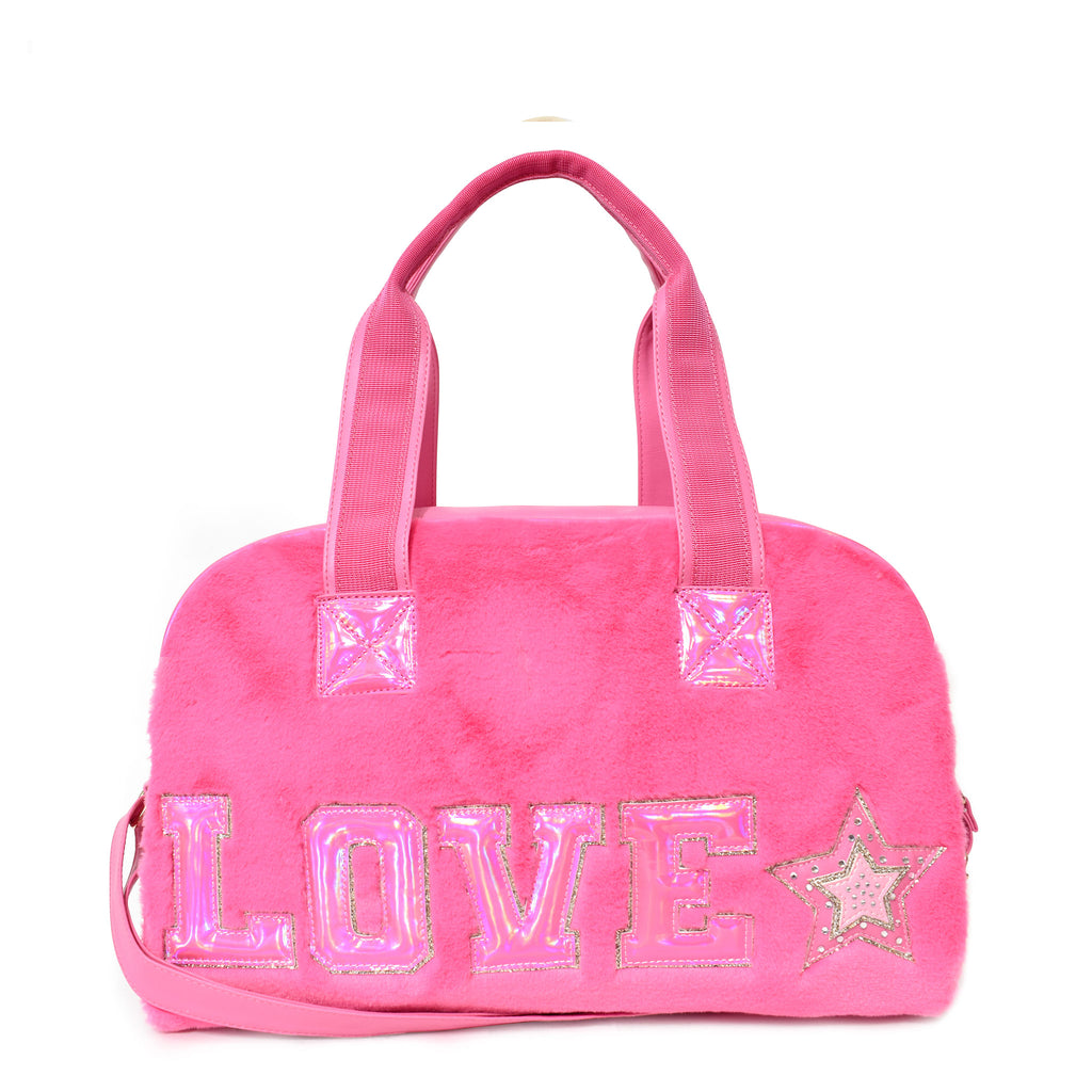 Front view of hot pink plush medium duffle with metallic varsity letters 'LOVE' and rhinestone star appliqué
