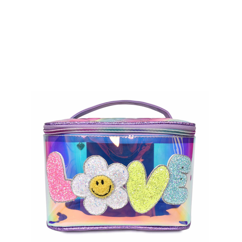 Front view of a purple clear glazed train case with glitter bubble letters 'LOVE' and smiley face daisy patch as letter 'O'.