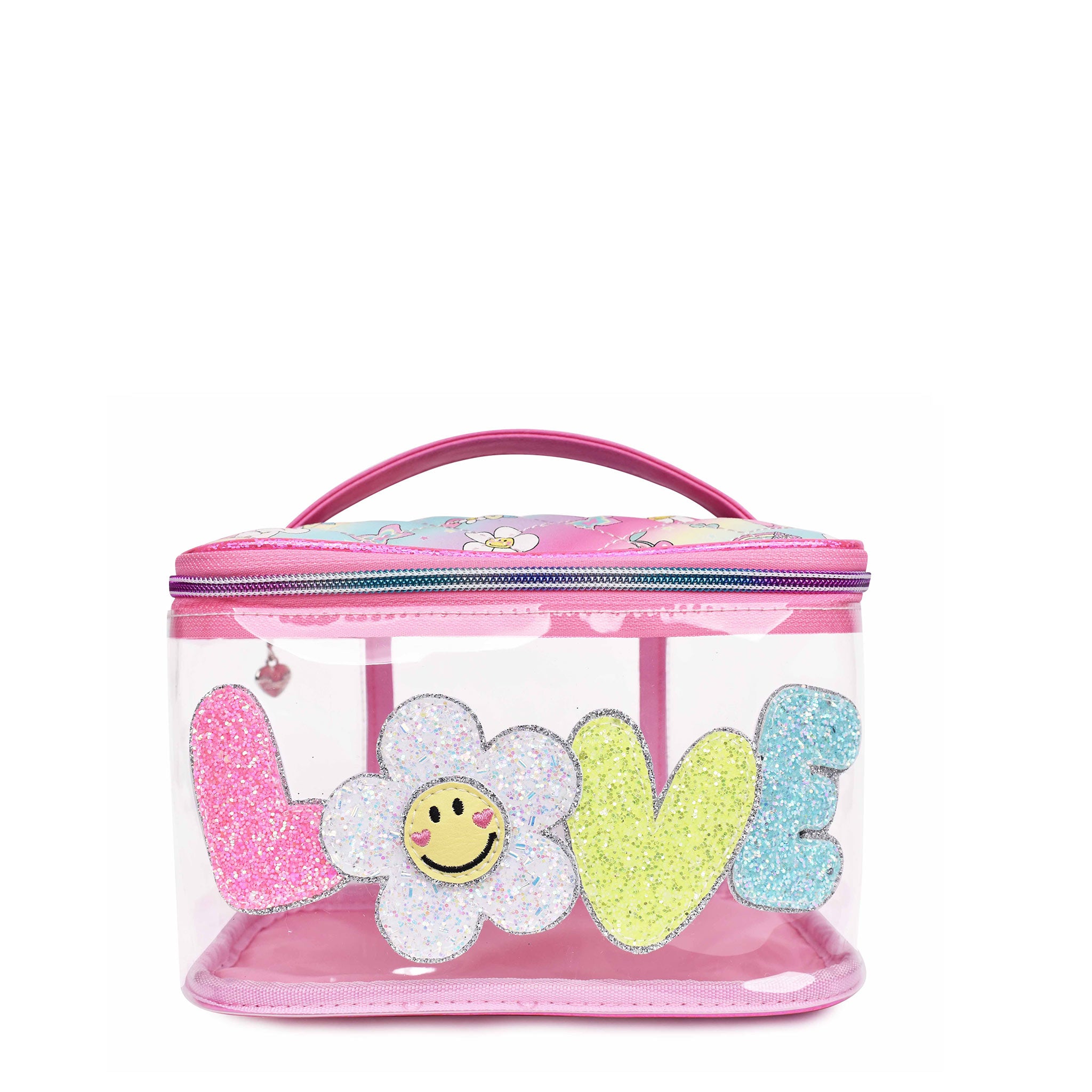 Front view of clear 'Love' daisy glam bag with glitter bubble-letter patches