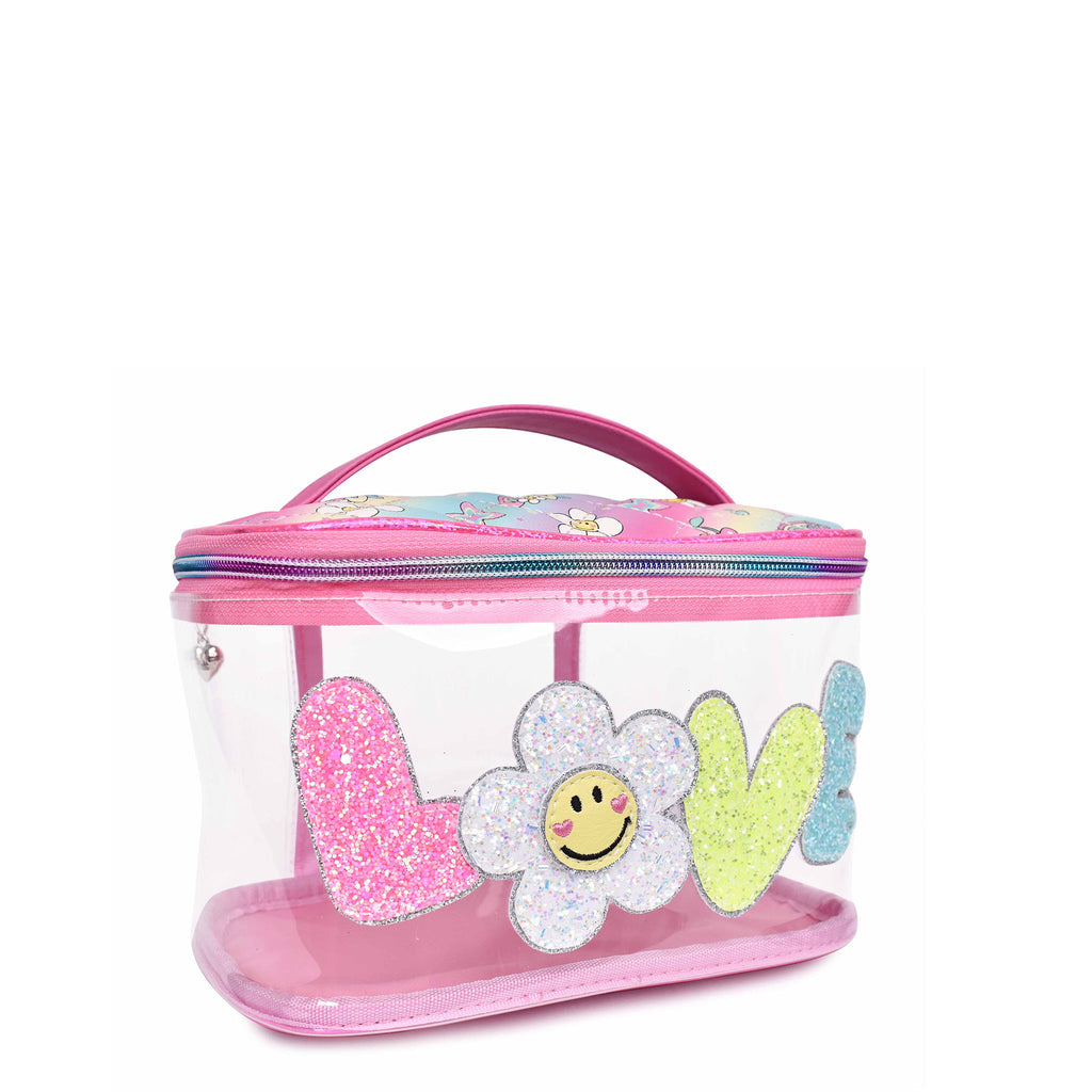 Side view of clear 'Love' daisy glam bag with glitter bubble-letter patches