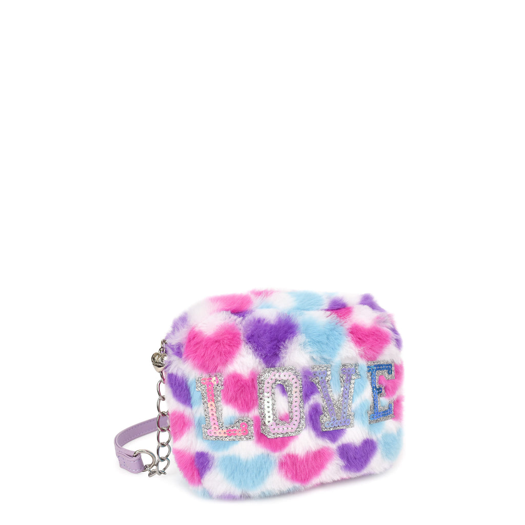 Side View of a Heart Print Plush Crossbody with sequins 'Love' Letters