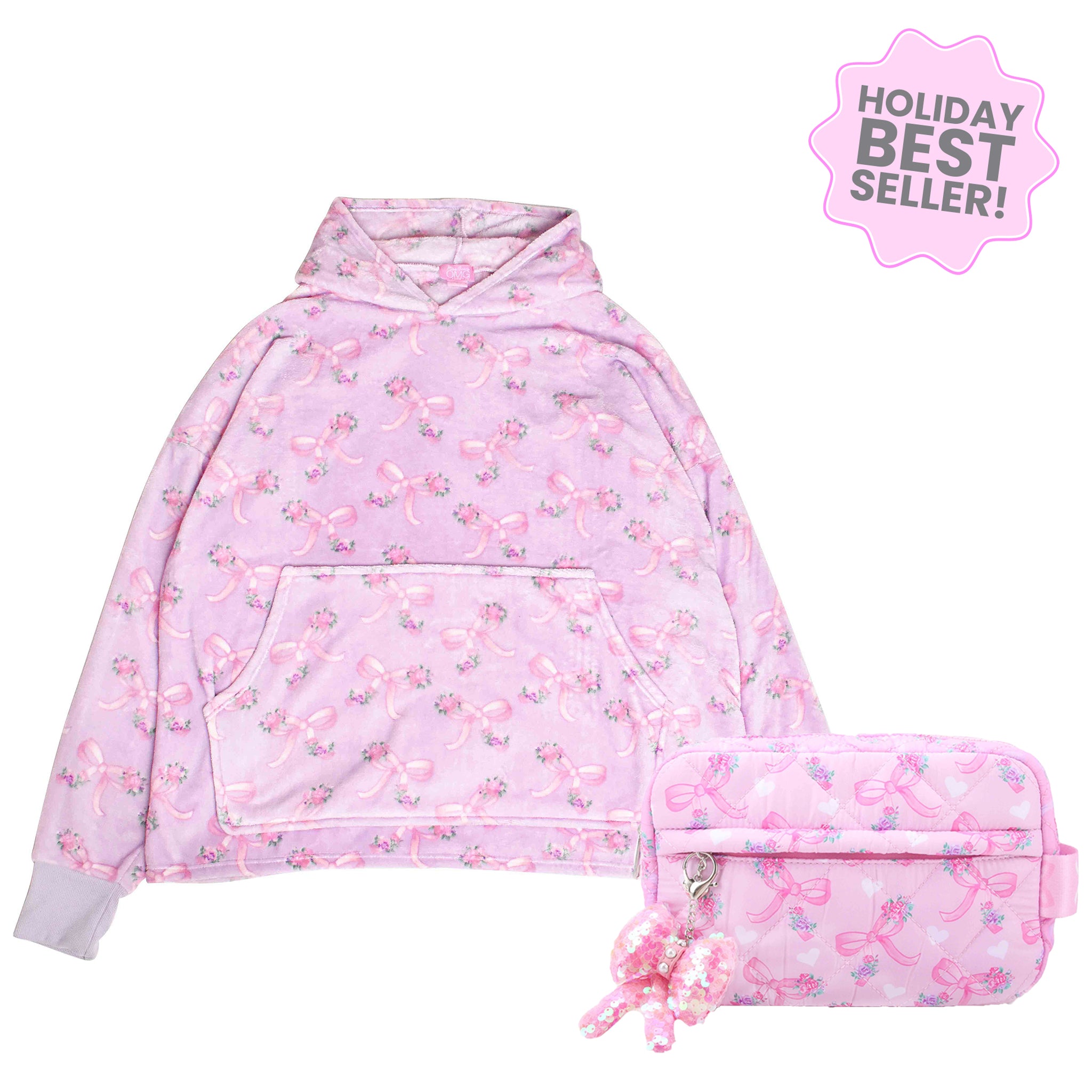 Bundle Set of an oversized lavender floral bow print hoodie and matching cosmetic pouch