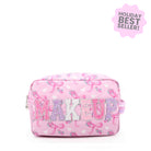 Pink floral bow print makeup bag with 'MAKEUP' text and bow designs on a white background