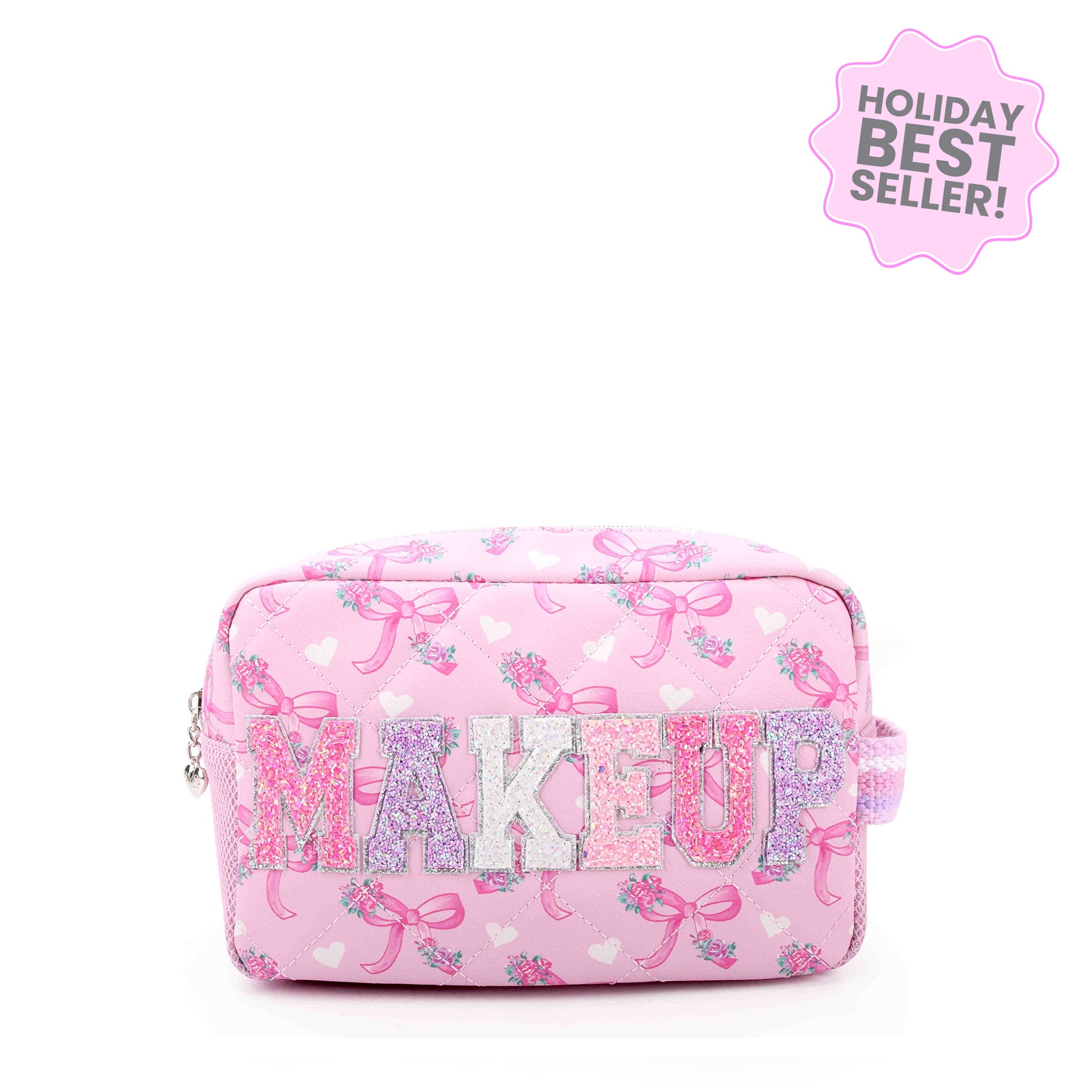 Pink floral bow print makeup bag with 'MAKEUP' text and bow designs on a white background