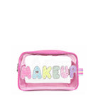 Front view of clear 'Makeup' pouch with glitter bubble-letter patches