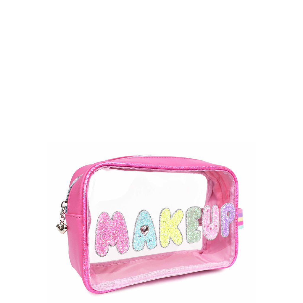 Side view of clear 'Makeup' pouch with glitter bubble-letter patches