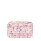 Front view of pink tweed  pouch with glitter varsity lettering 'MAKEUP' appliqué 