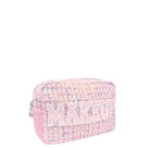 Side view of pink tweed pouch with glitter varsity lettering 'MAKEUP' appliqué