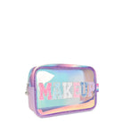 Side  view of a clear glazed pouch with glitter varsity lettering 'Makeup'