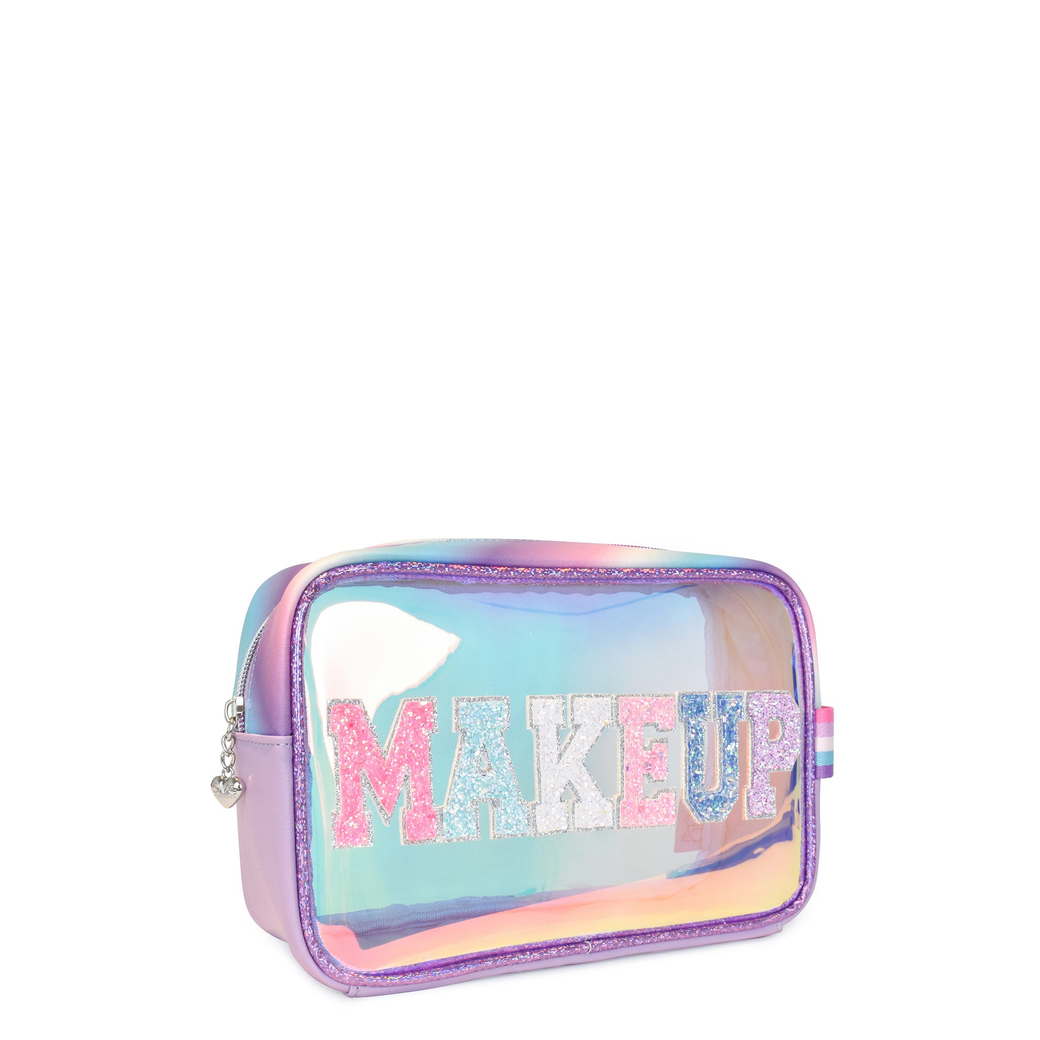 Side  view of a clear glazed pouch with glitter varsity lettering 'Makeup'