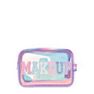 Front view of a clear glazed pouch with glitter varsity lettering 'Makeup'