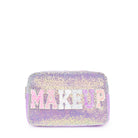 Front view of a lavender sequins pouch with Makeup varsity glitter letters