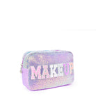 Side view of a lavender sequins pouch with Makeup varsity glitter letters