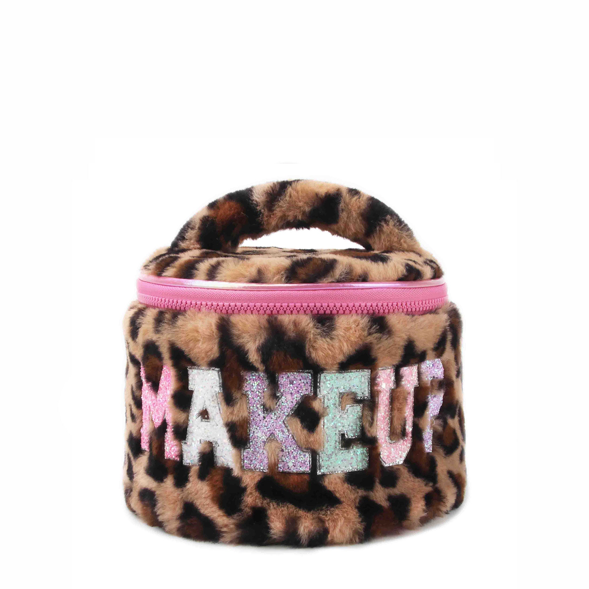 Round plush leopard print train case with 'MAKEUP' glitter lettering