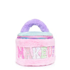 front view of a plush color blocked round glam bag with glitter varsity lettering 'Makeup' 