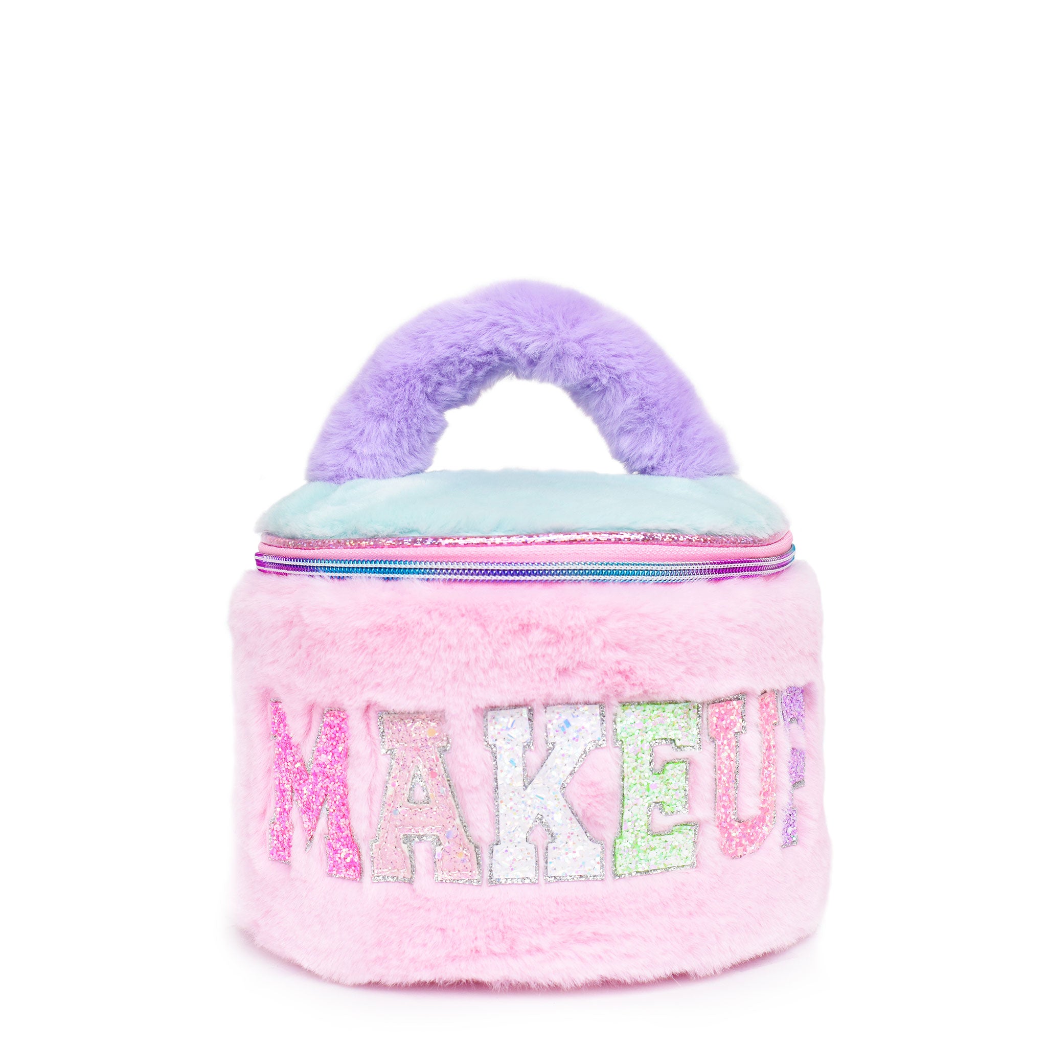 front view of a plush color blocked round glam bag with glitter varsity lettering 'Makeup' 