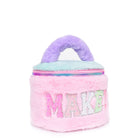 side view of a plush color blocked round glam bag with glitter varsity lettering 'Makeup' 