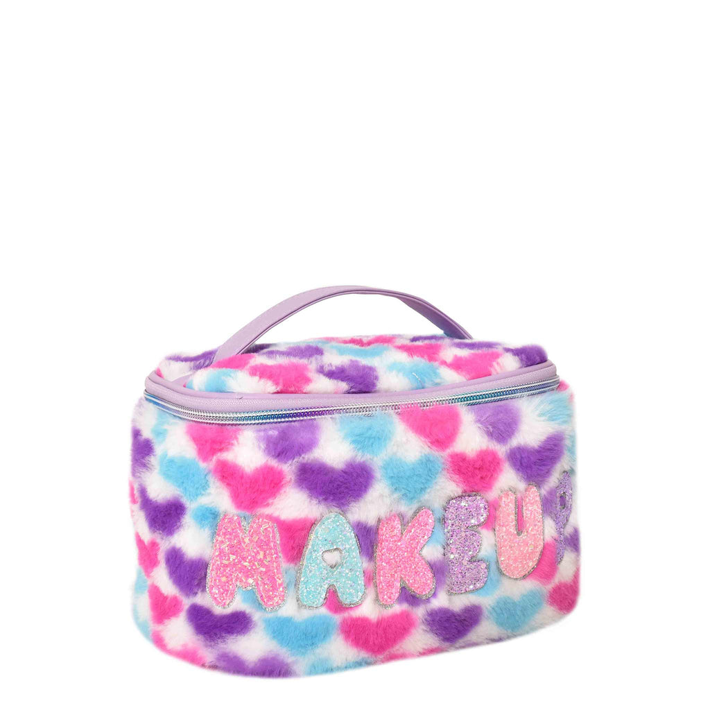 Side view of plush 'Makeup' multicolor heart-printed train case with glitter bubble-letter patches
