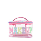 Front view of clear train case with glitter varsity lettering 'MAKEUP' appliqué 