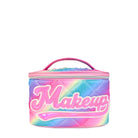 Front view of a rainbow ombre quilted train case with hot pink metallic varsity script 'Makeup' lettering 