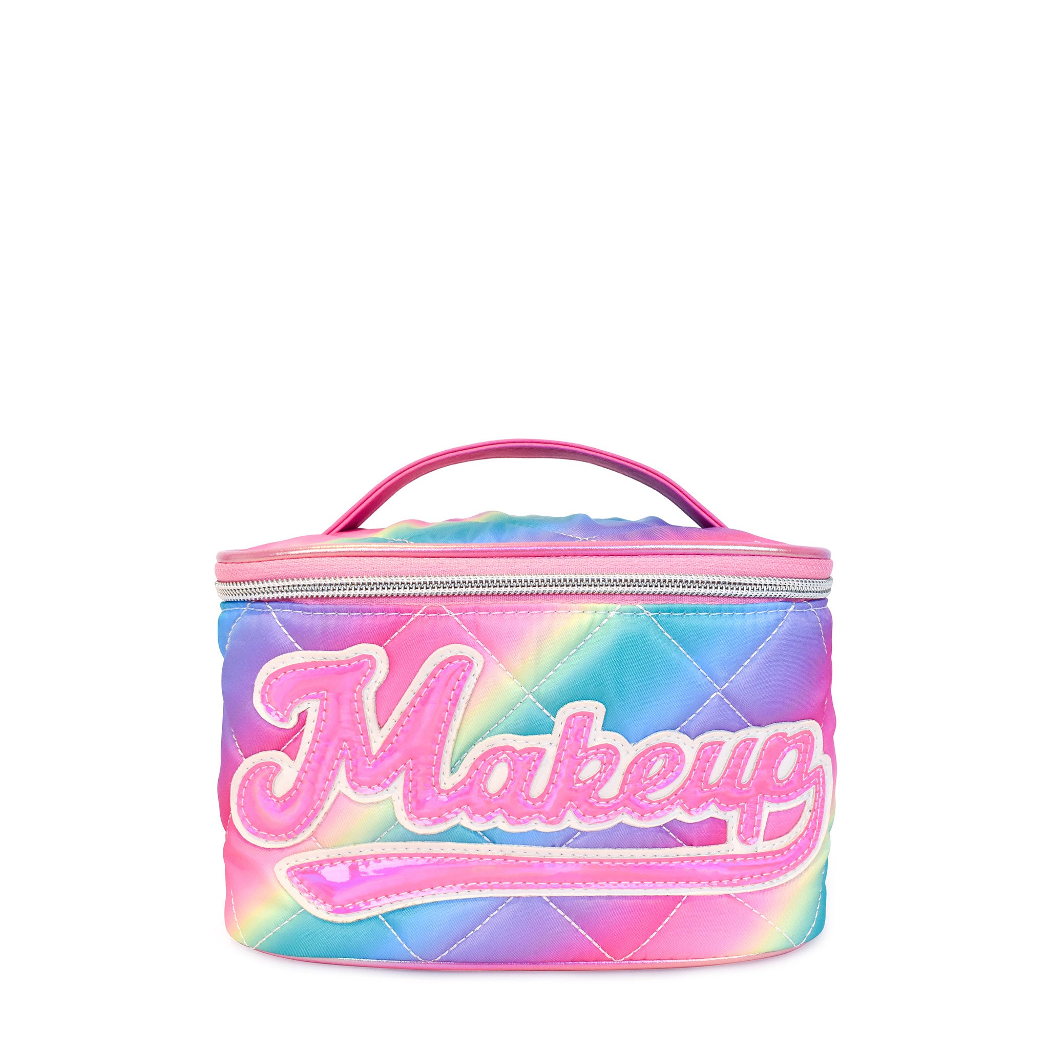 Front view of a rainbow ombre quilted train case with hot pink metallic varsity script 'Makeup' lettering 