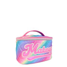 Side view of a rainbow ombre quilted train case with hot pink metallic varsity script 'Makeup' lettering